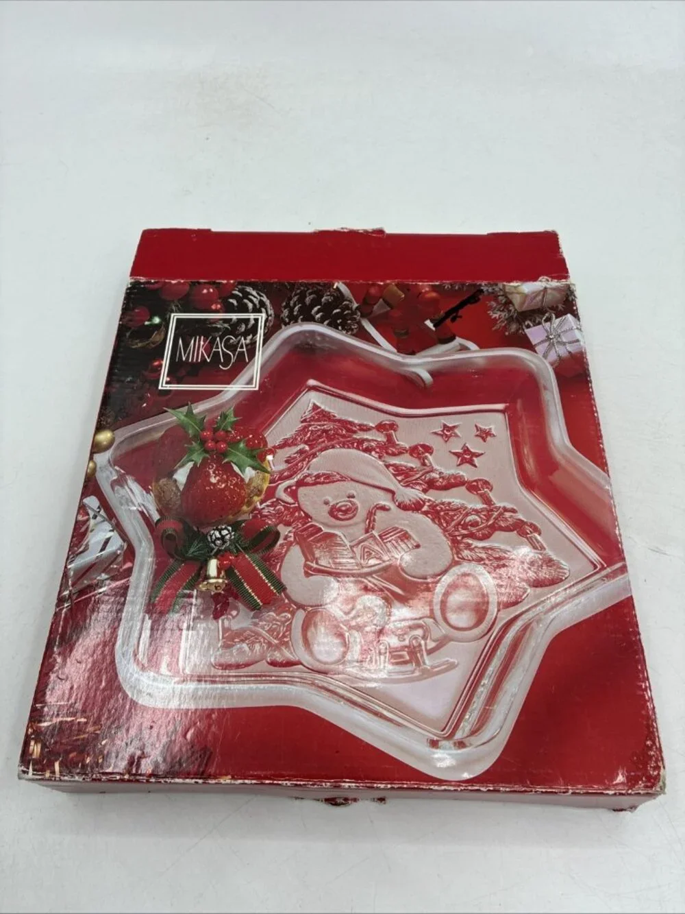 Mikasa Christmas Glass Dish Teddy Bear Star Candy Trinket Holiday Decor Vintage